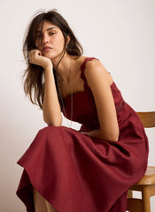 Burgundy Linen Scallop Trim Midi Dress