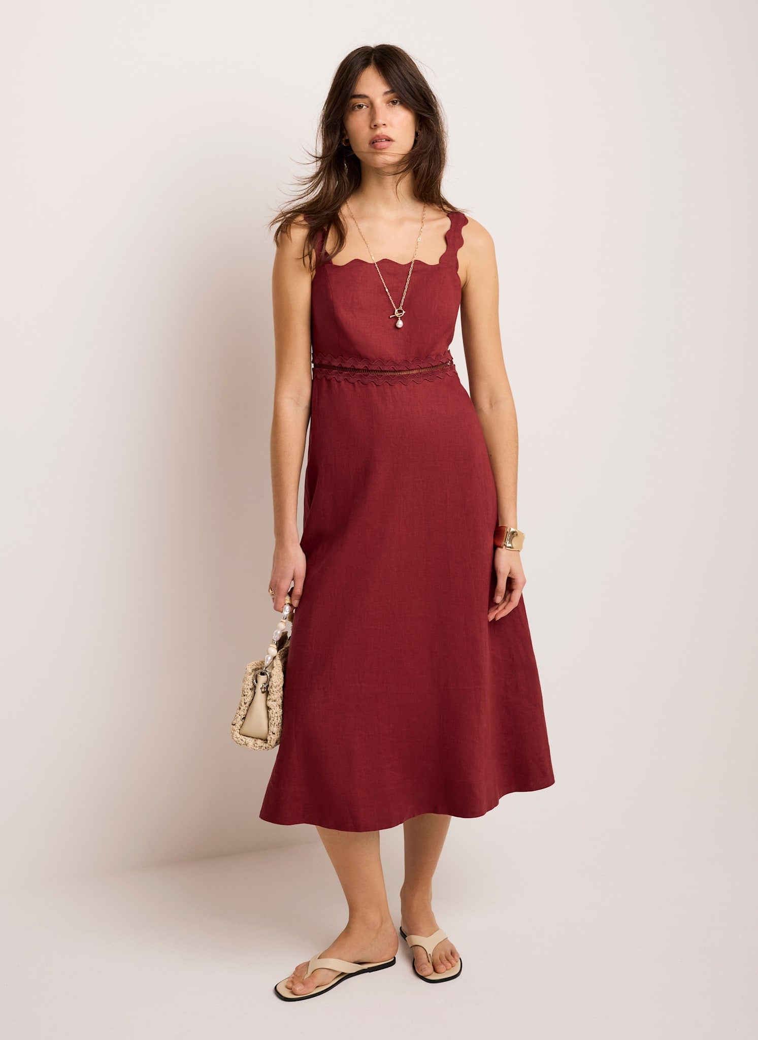 Burgundy Linen Scallop Trim Midi Dress
