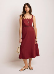 Burgundy Linen Scallop Trim Midi Dress