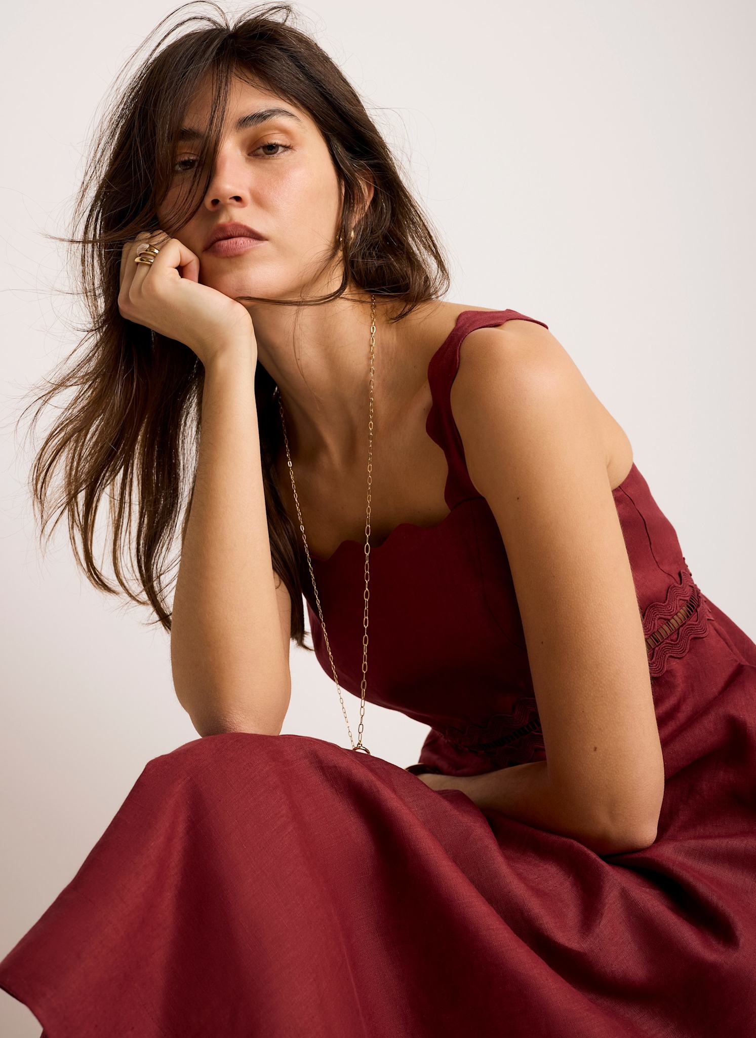 Burgundy Linen Scallop Trim Midi Dress