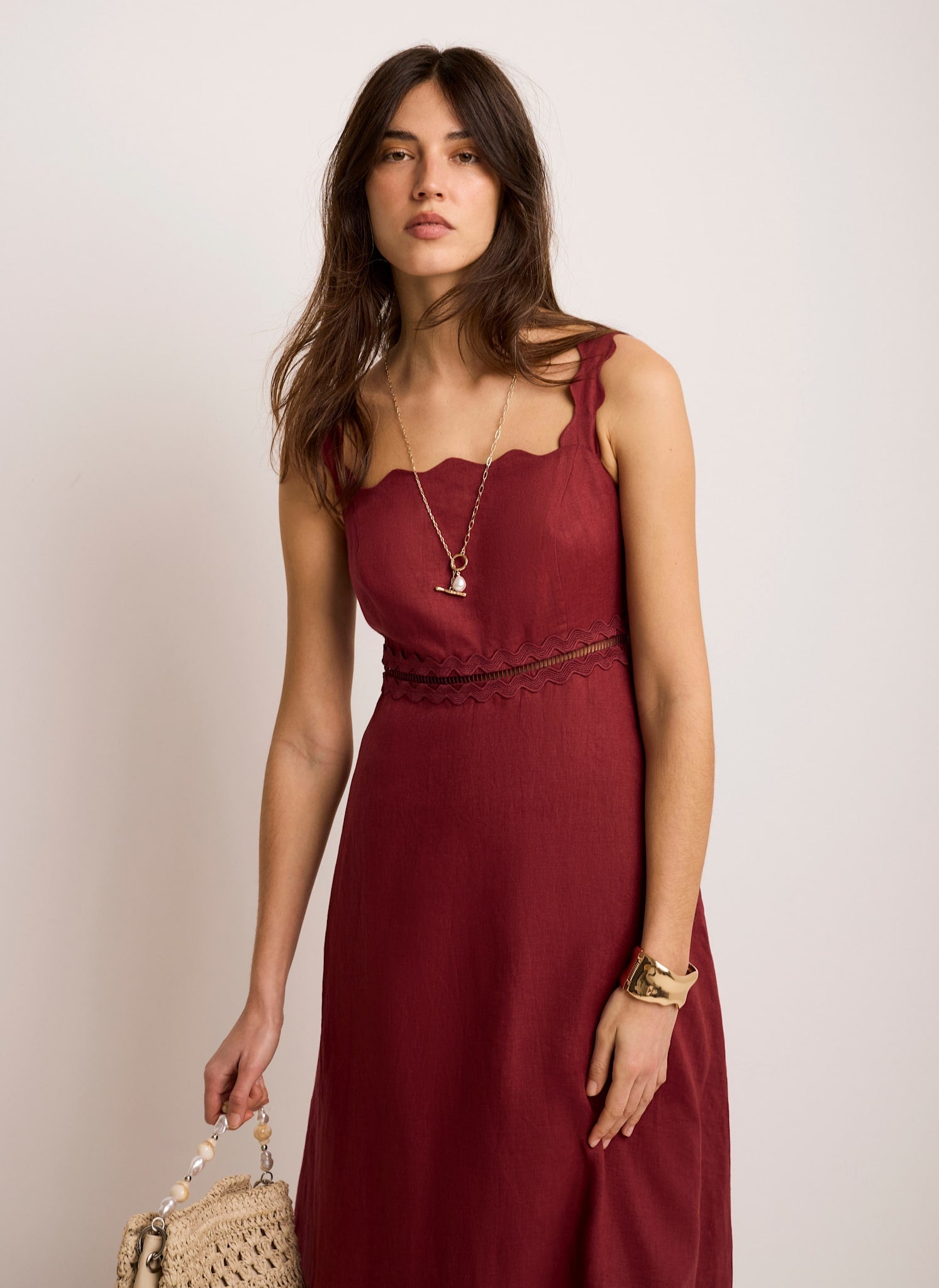 Burgundy Linen Scallop Trim Midi Dress