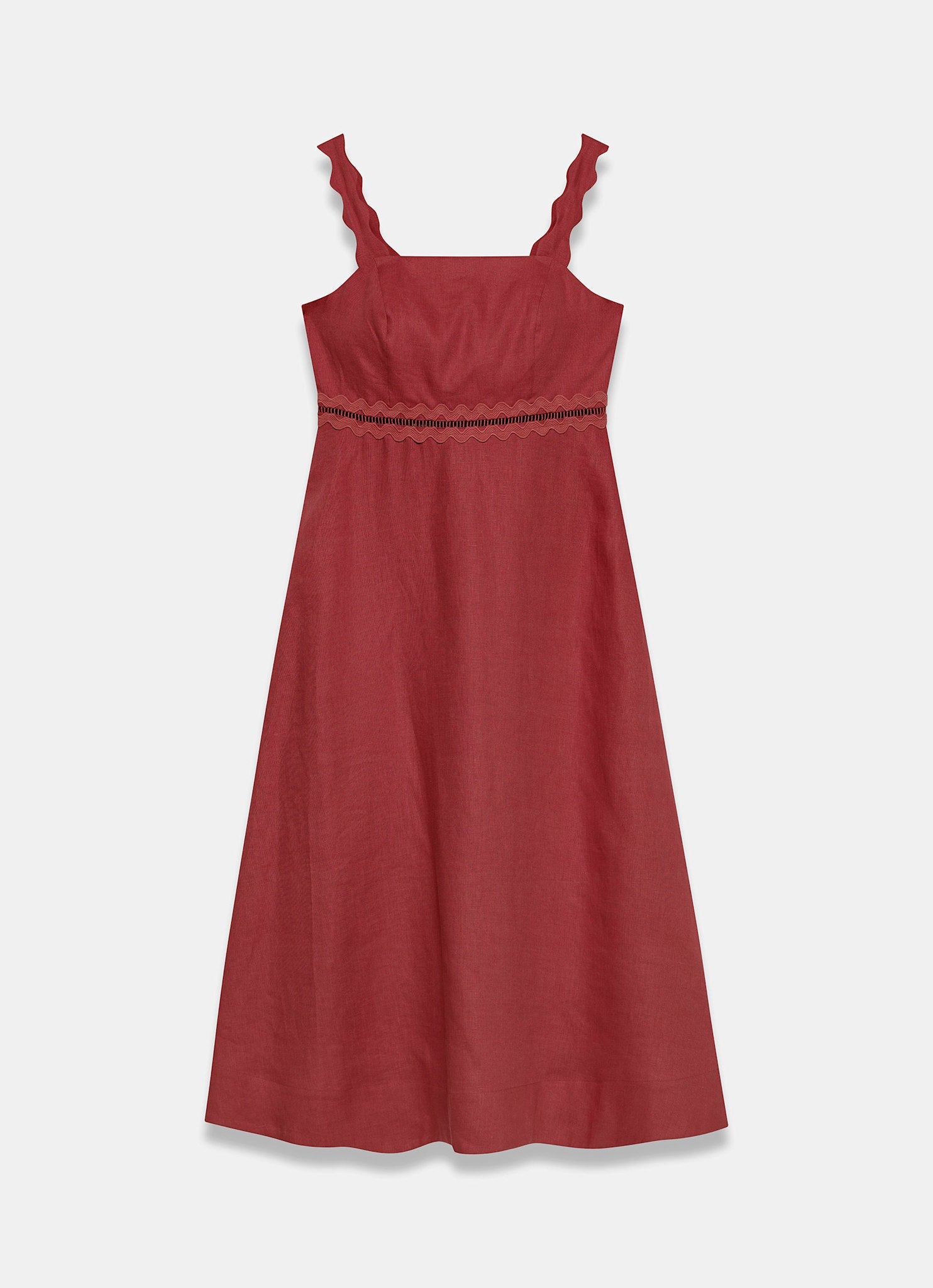 Burgundy Linen Scallop Trim Midi Dress
