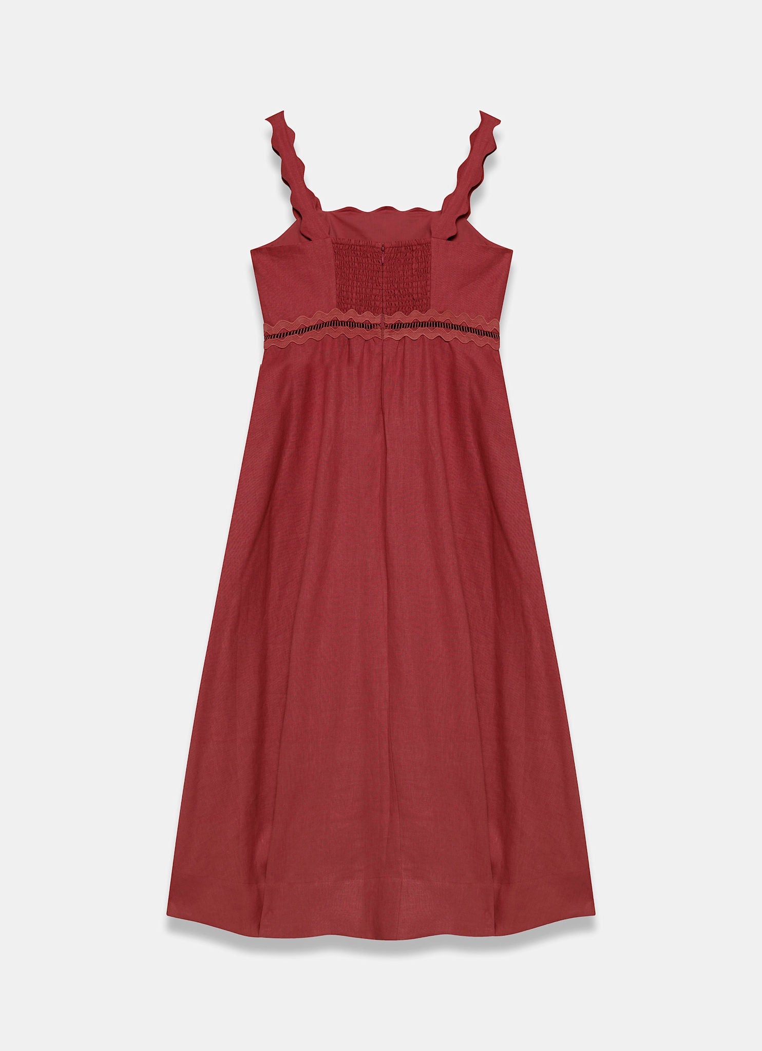 Burgundy Linen Scallop Trim Midi Dress