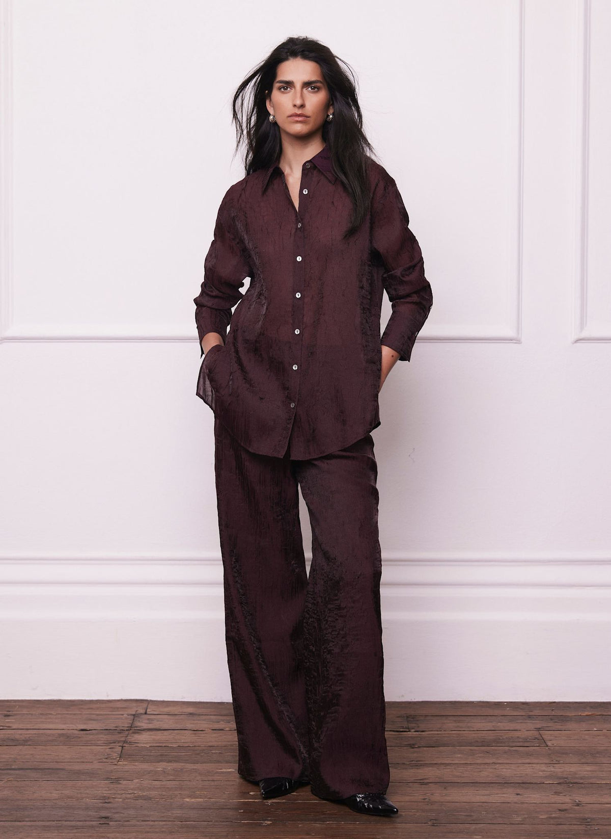 Burgundy Crinkle Textured Wide Trousers