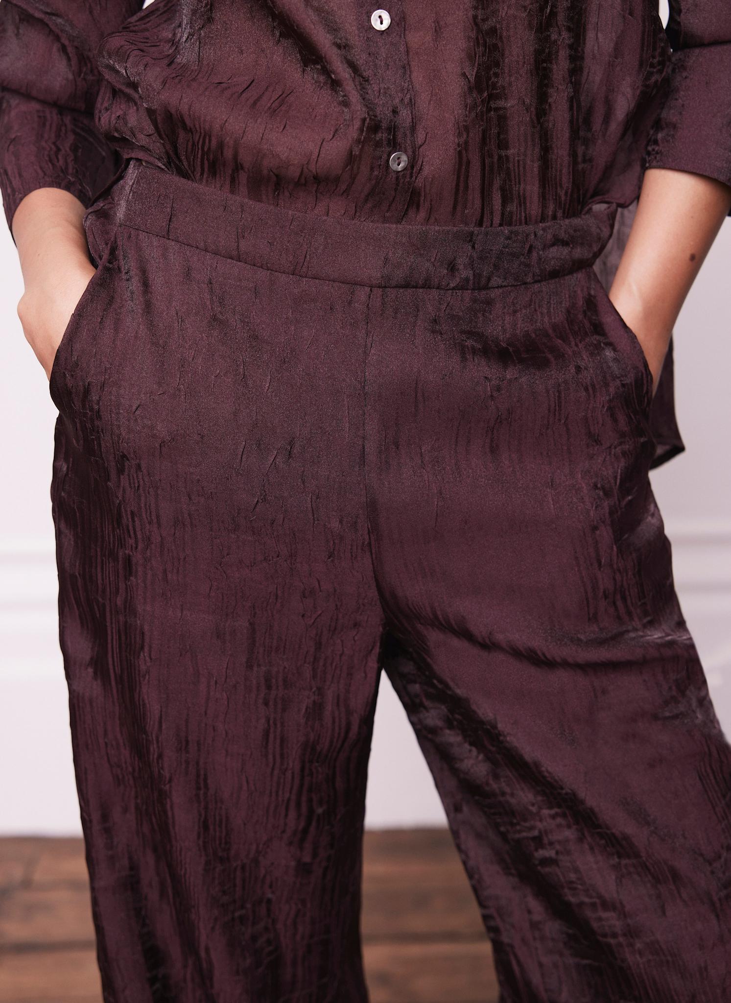 Burgundy Crinkle Textured Wide Trousers