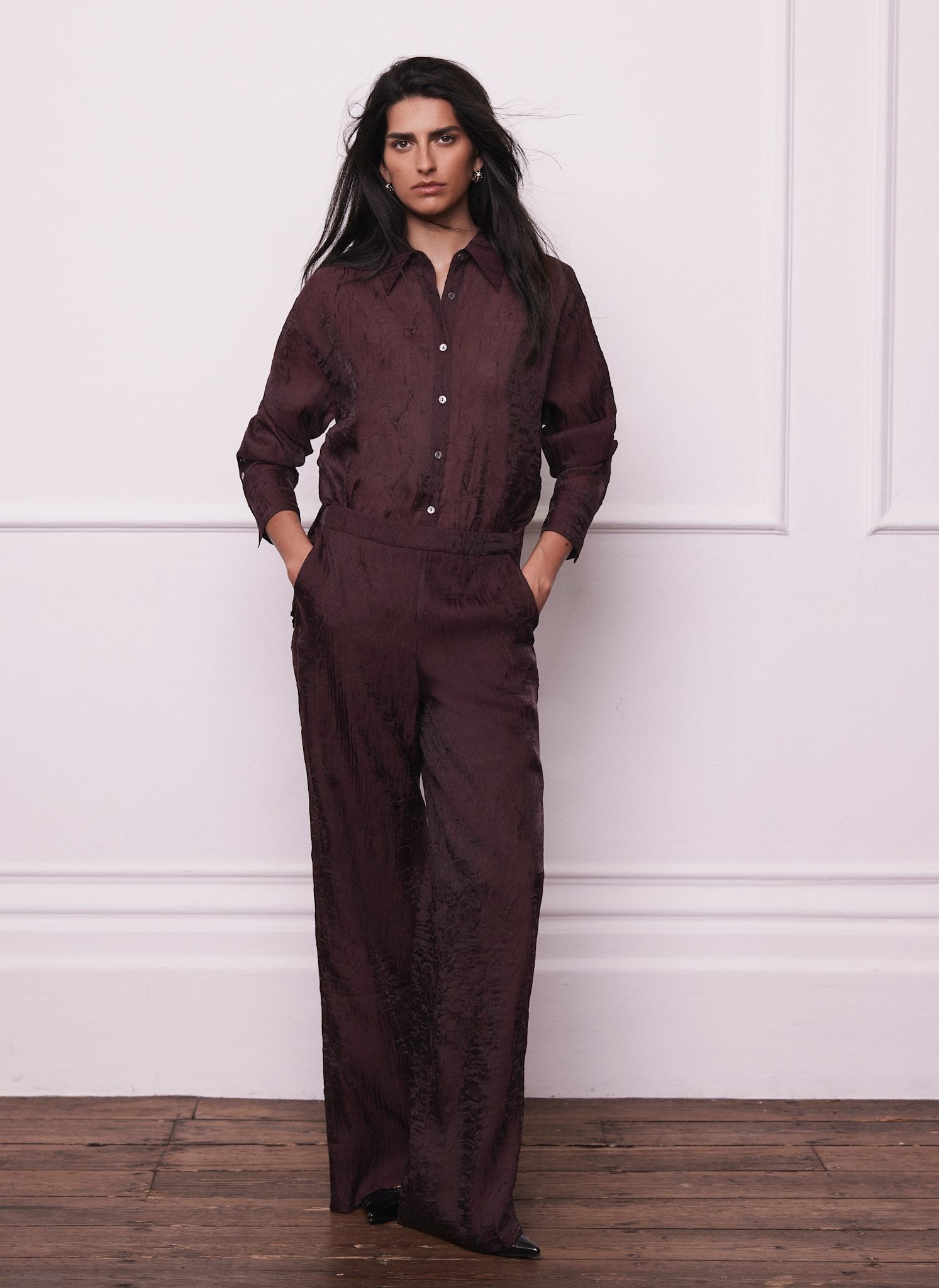 Burgundy Crinkle Textured Wide Trousers
