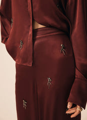 Burgundy Satin Embellished Wide Trousers