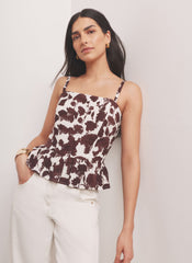 Brown Linen Blend Floral Print Top