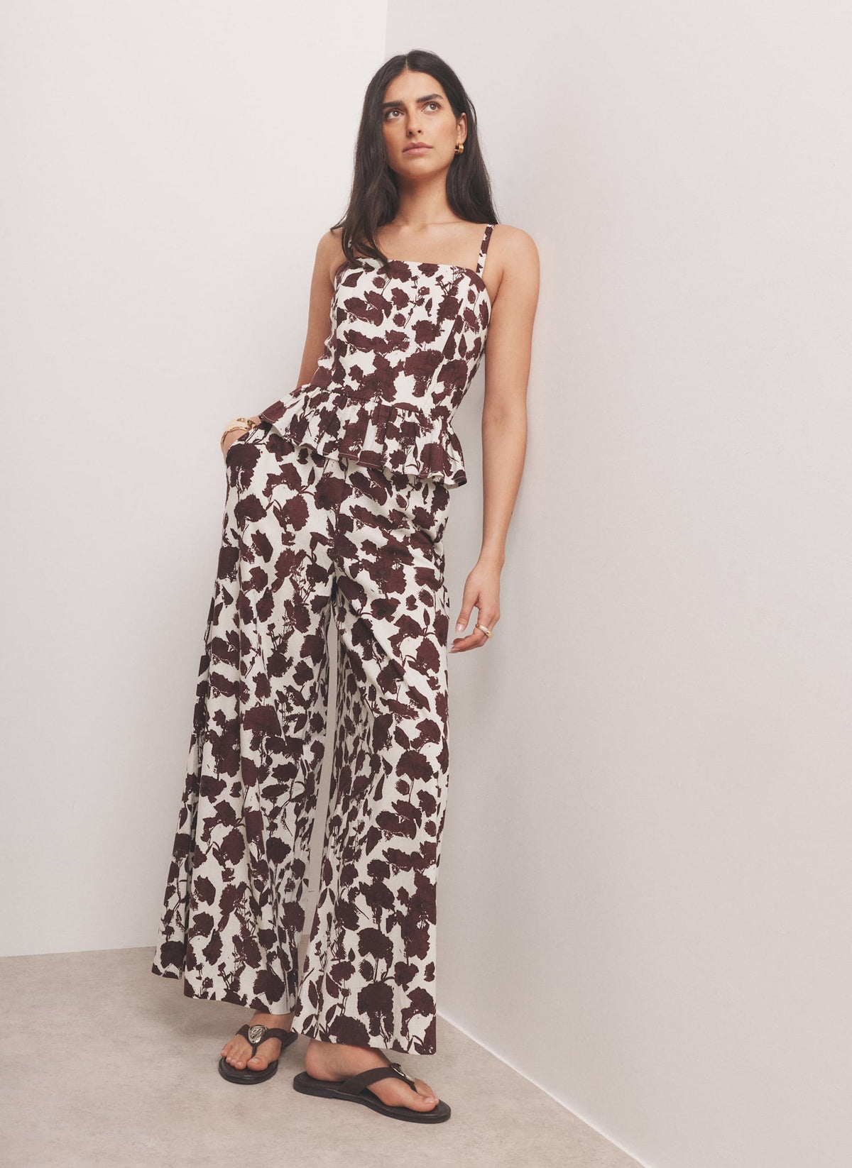 Brown Linen Blend Floral Print Wide Leg Trousers