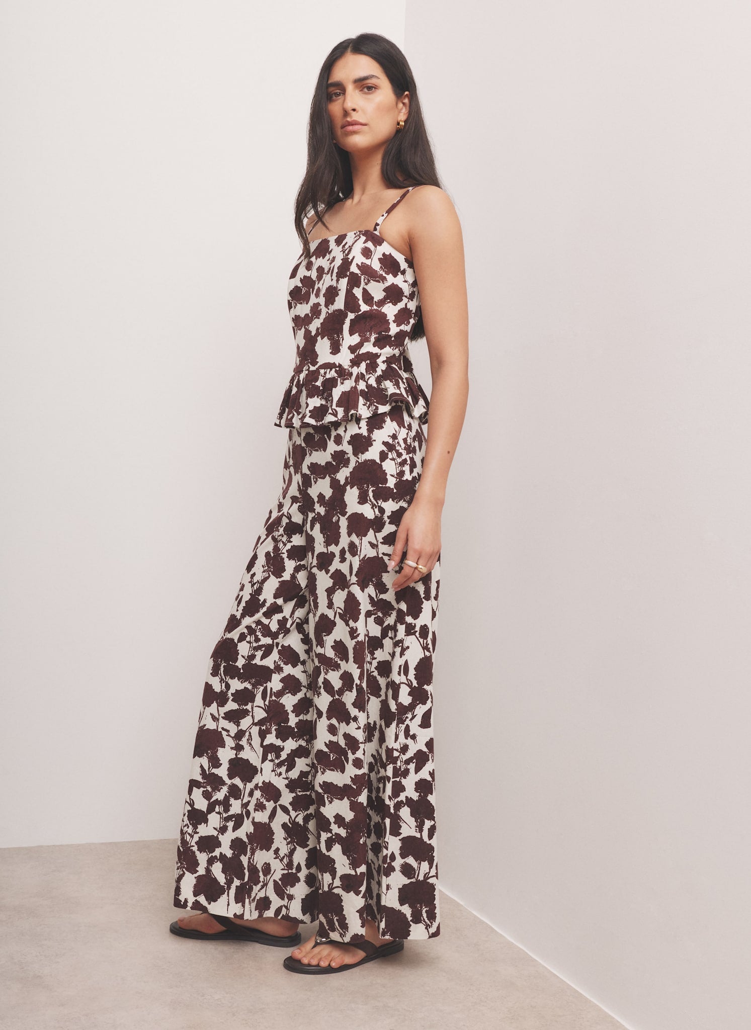 Brown Linen Blend Floral Print Wide Leg Trousers