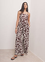 Brown Linen Blend Floral Print Wide Leg Trousers