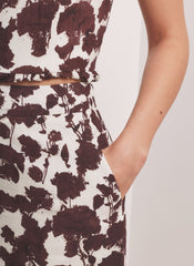 Brown Linen Blend Floral Print Wide Leg Trousers