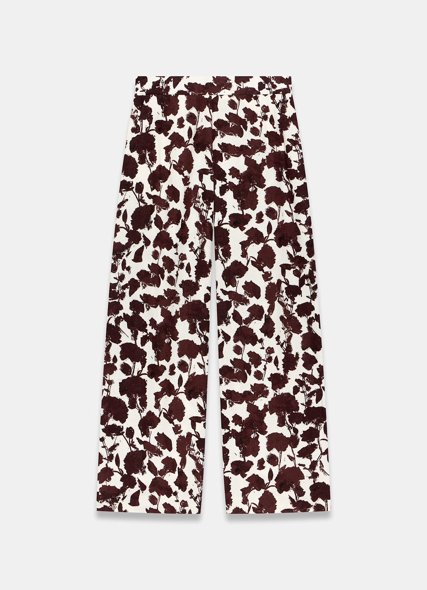 Brown Linen Blend Floral Print Wide Leg Trousers