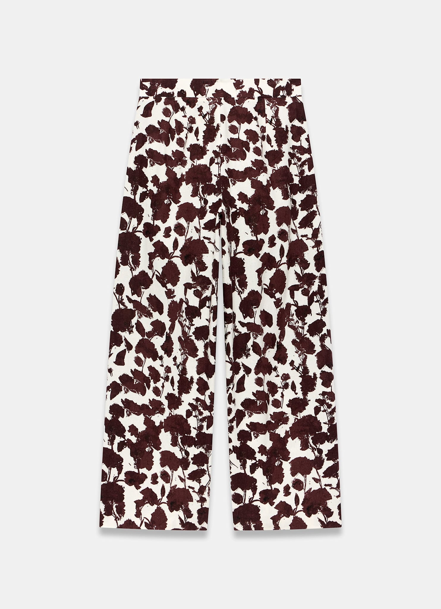 Brown Linen Blend Floral Print Wide Leg Trousers