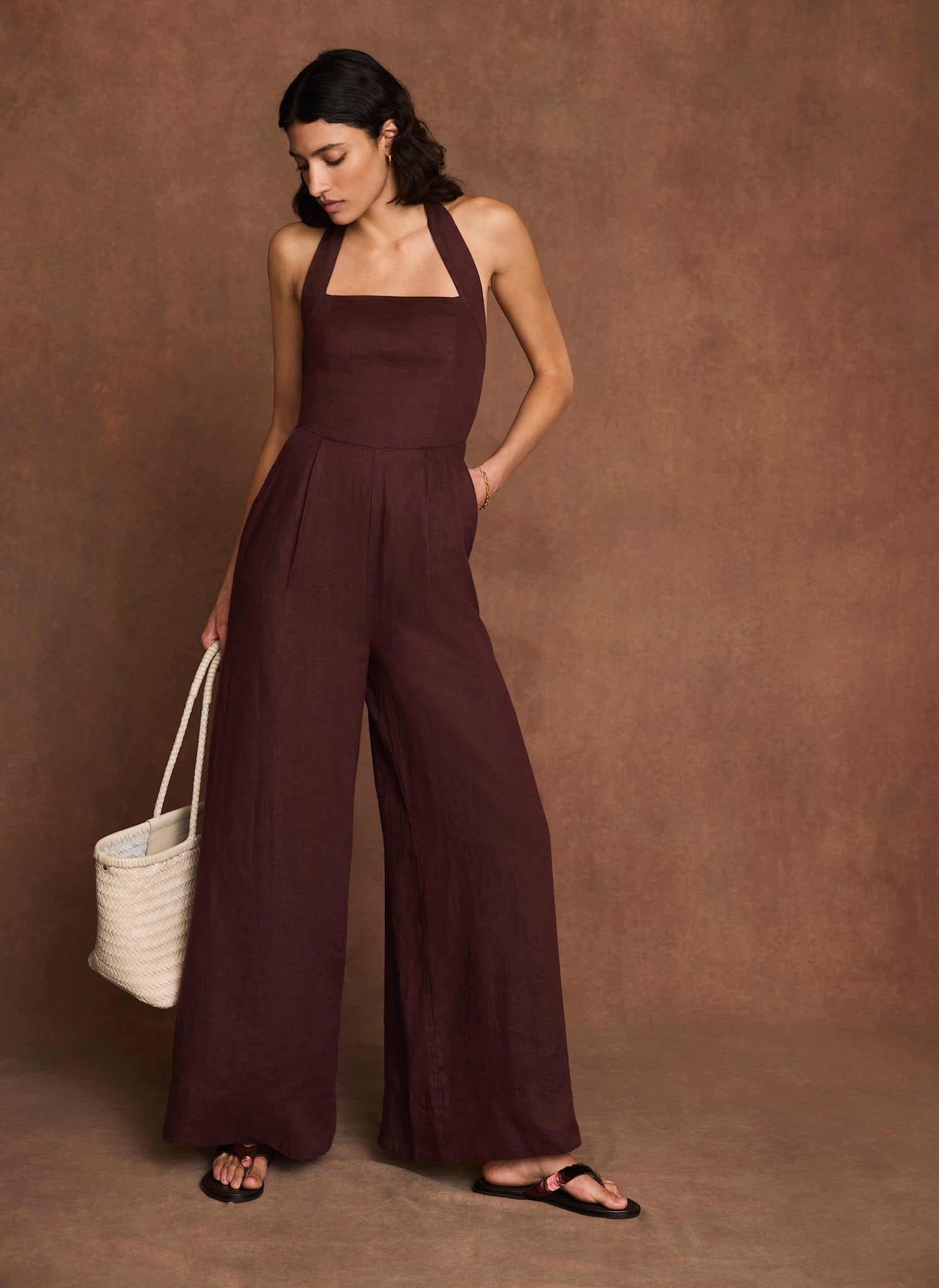 Burgundy Linen Halter Jumpsuit