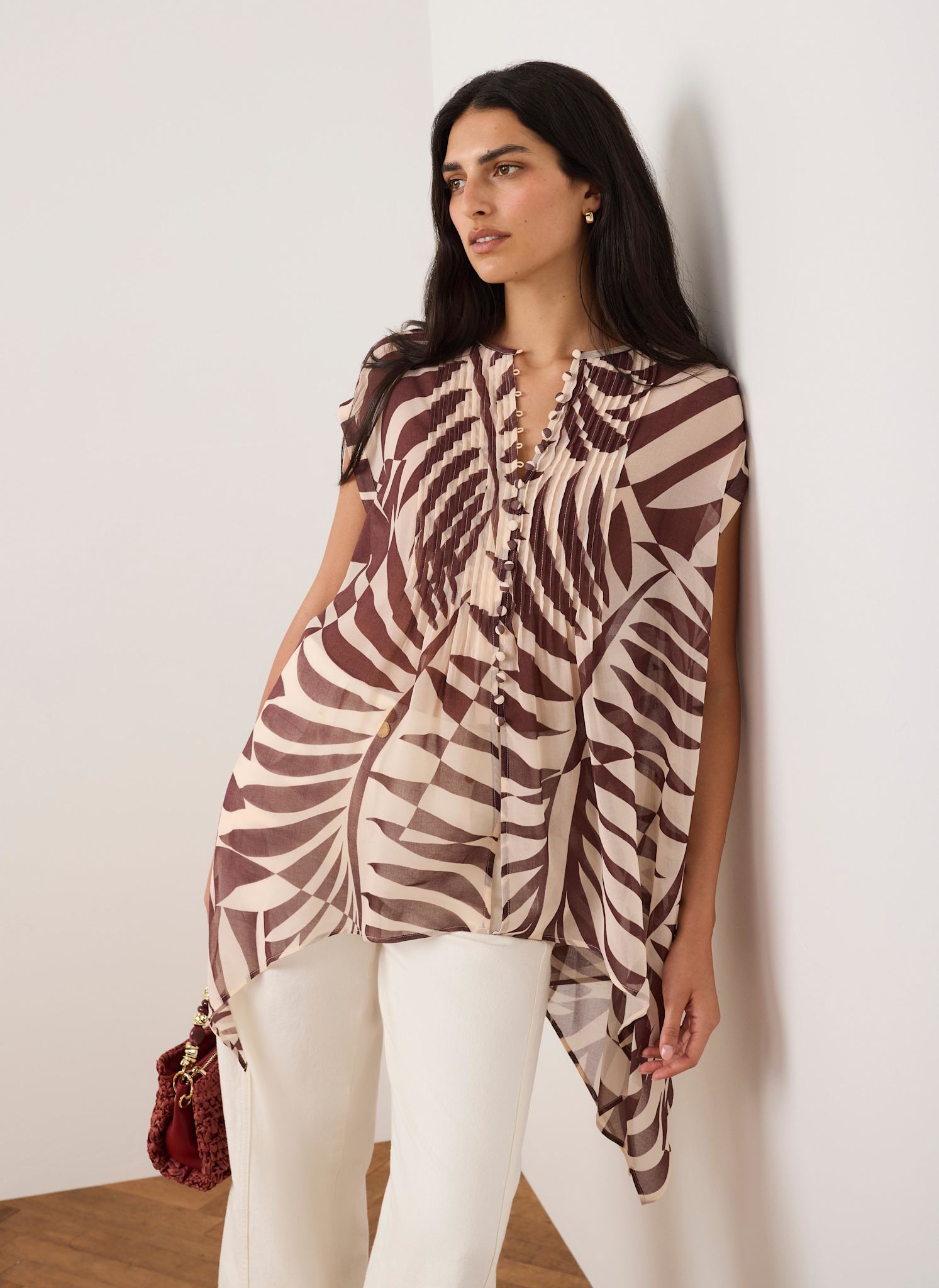 Burgundy Palm Print Sheer Tunic Top