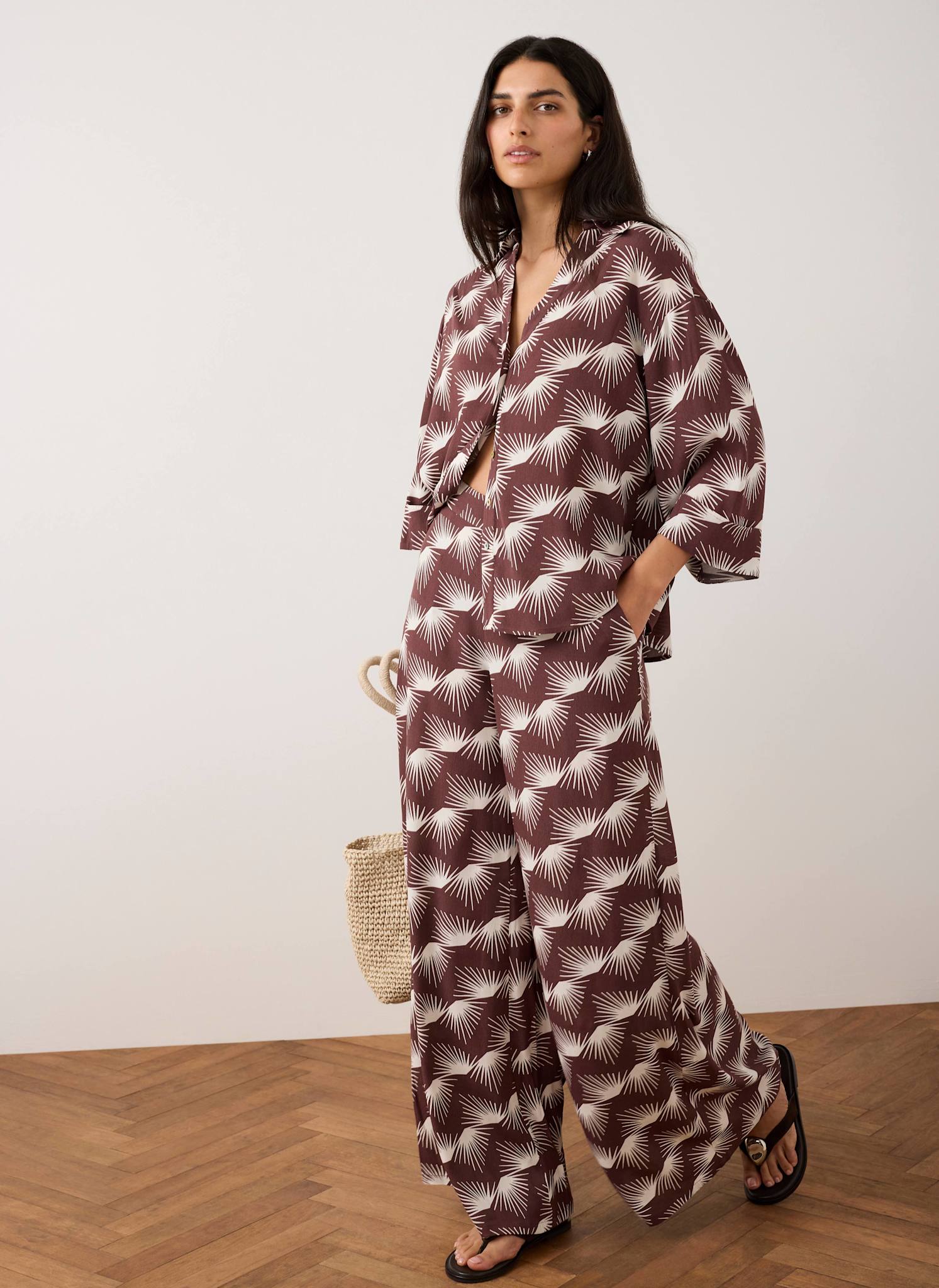 Burgundy Graphic Print Wide Leg Trousers