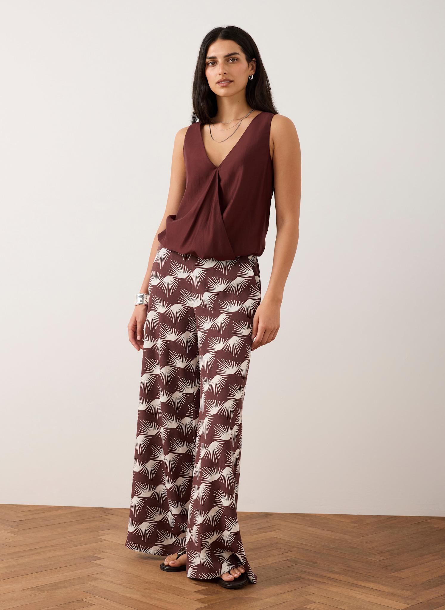 Burgundy Graphic Print Wide Leg Trousers