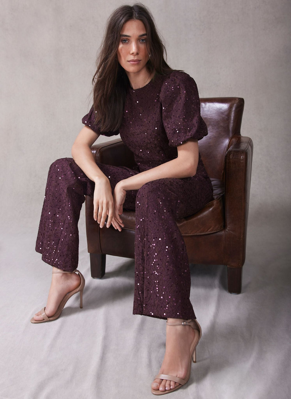 Burgundy Sequin Lace Puff Sleeve Top