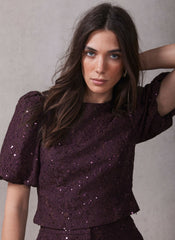 Burgundy Sequin Lace Puff Sleeve Top