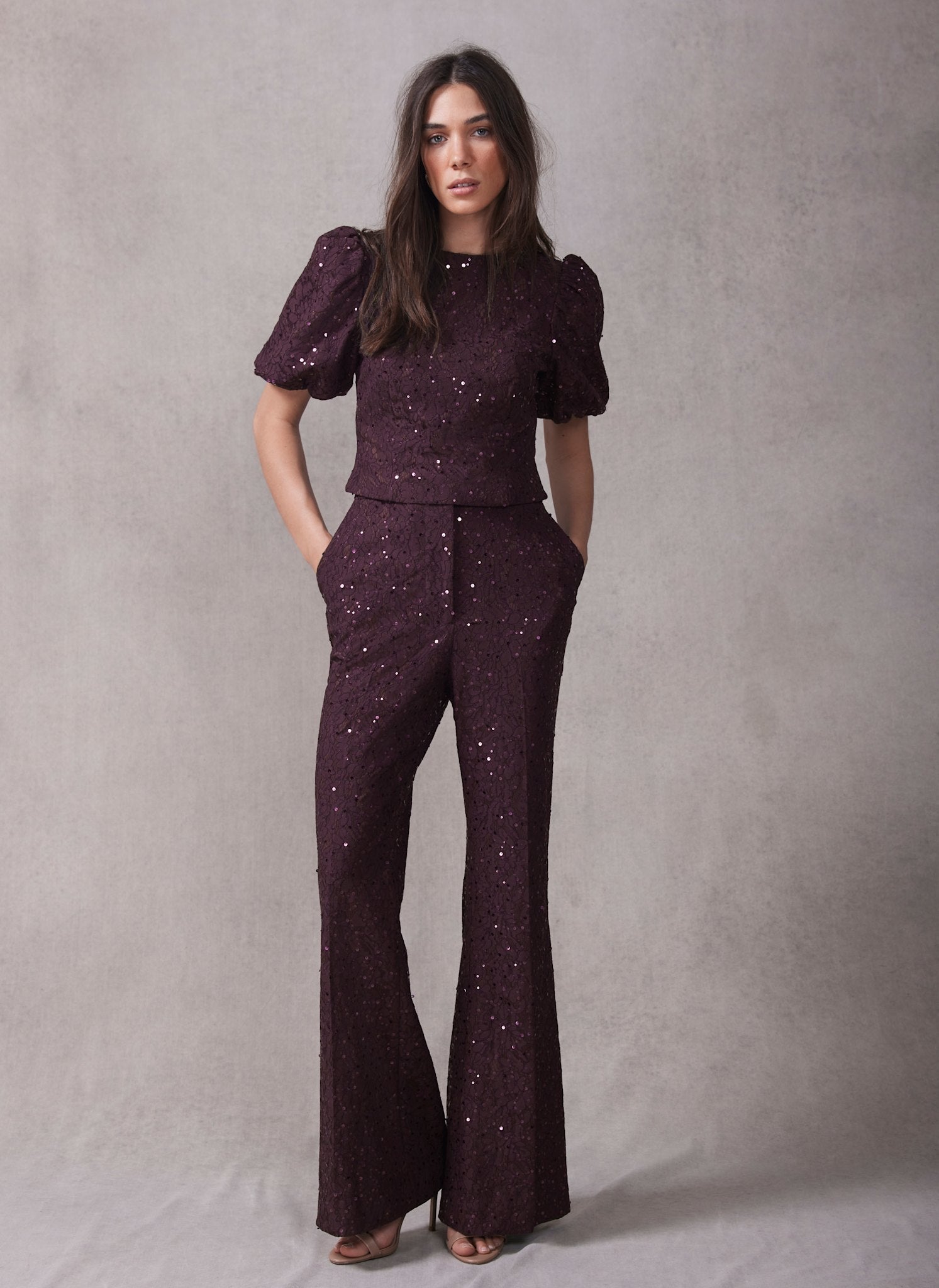 Burgundy Sequin Lace Puff Sleeve Top