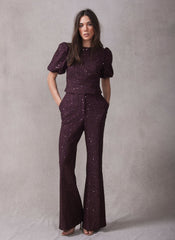 Burgundy Sequin Lace Puff Sleeve Top