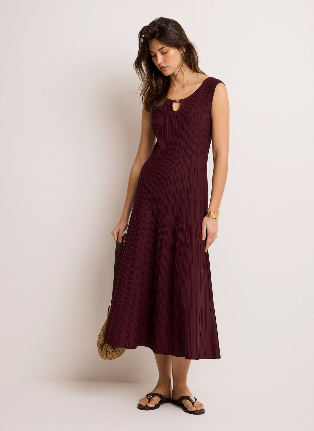 Burgundy Ribbed Beaded Midi Dress