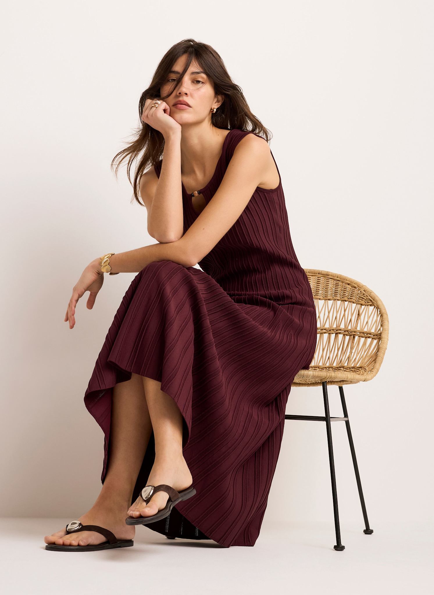 Burgundy Ribbed Beaded Midi Dress