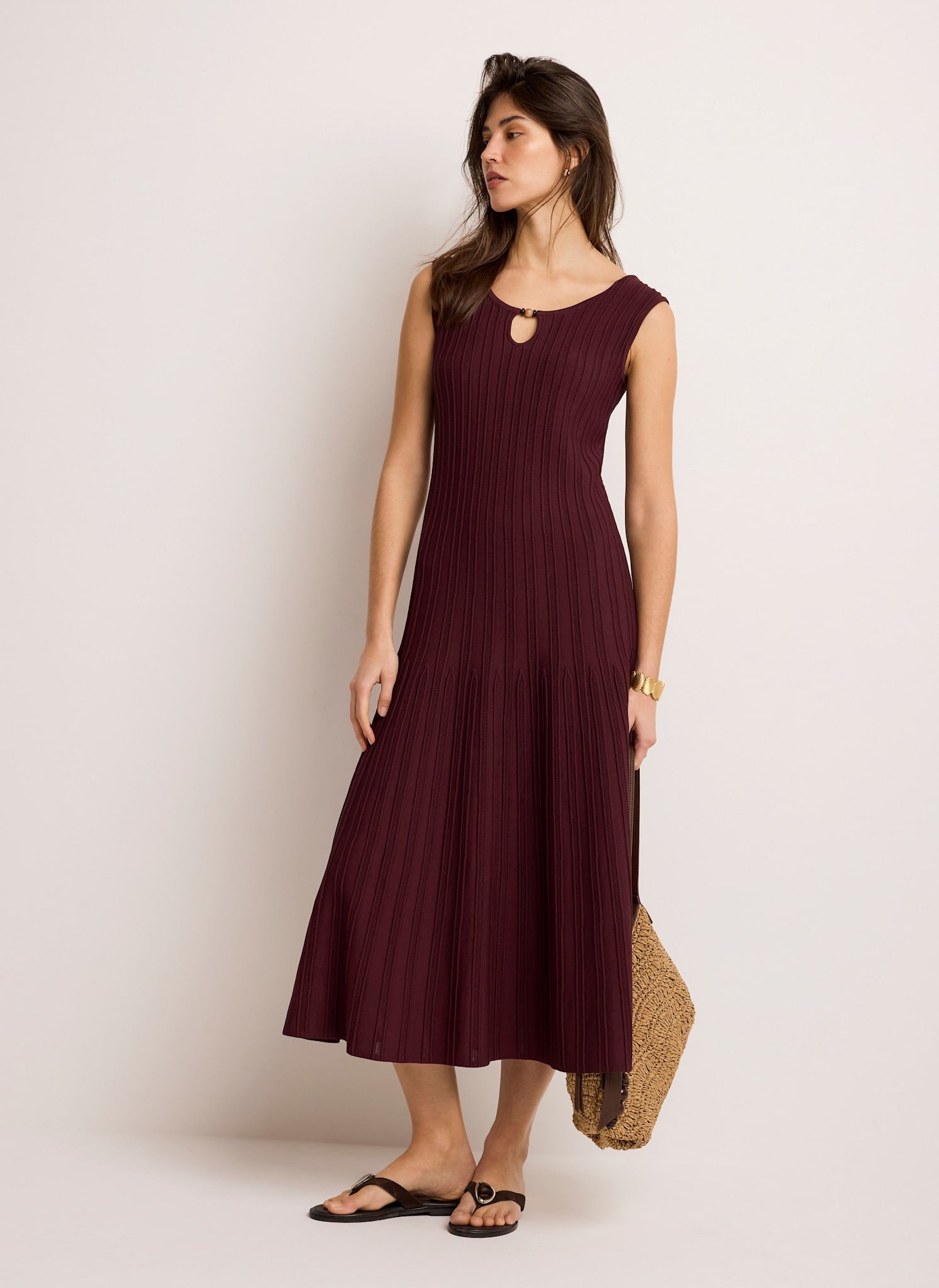 Burgundy Ribbed Beaded Midi Dress