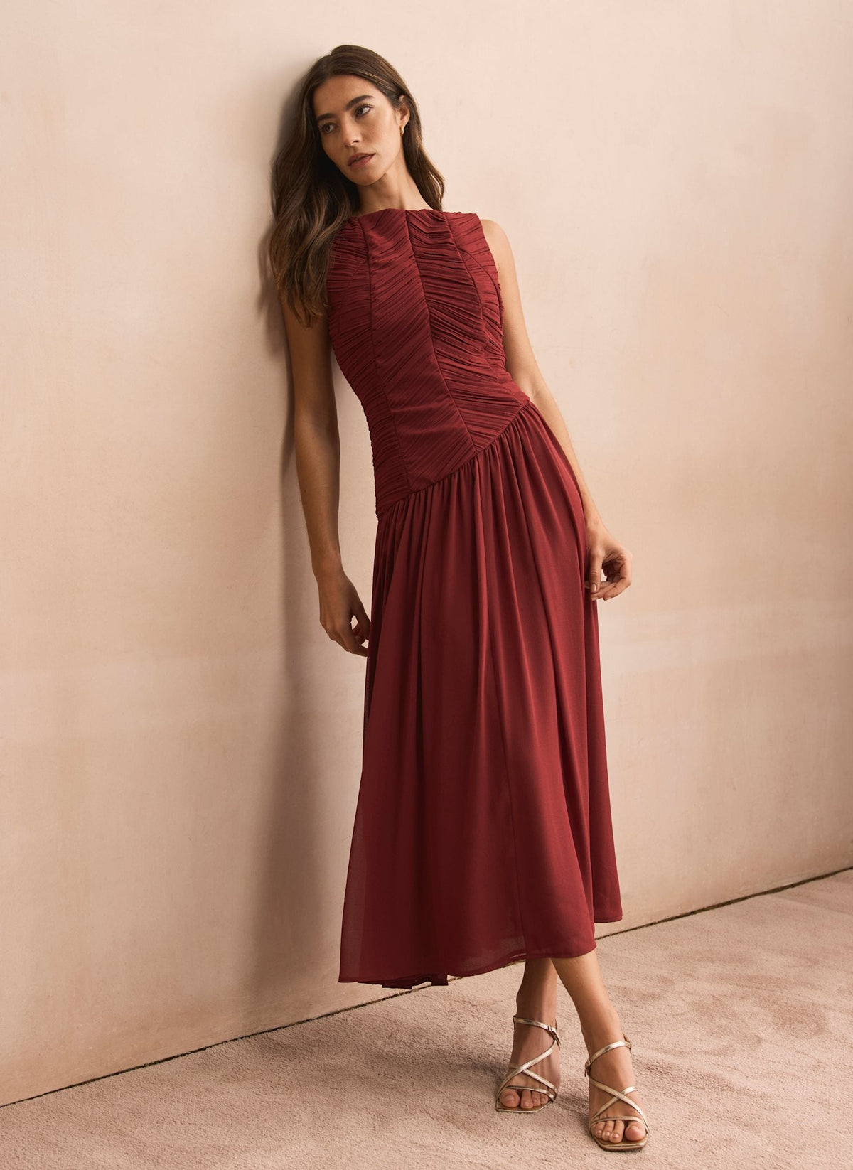 Burgundy Ruched Detail Maxi Dress