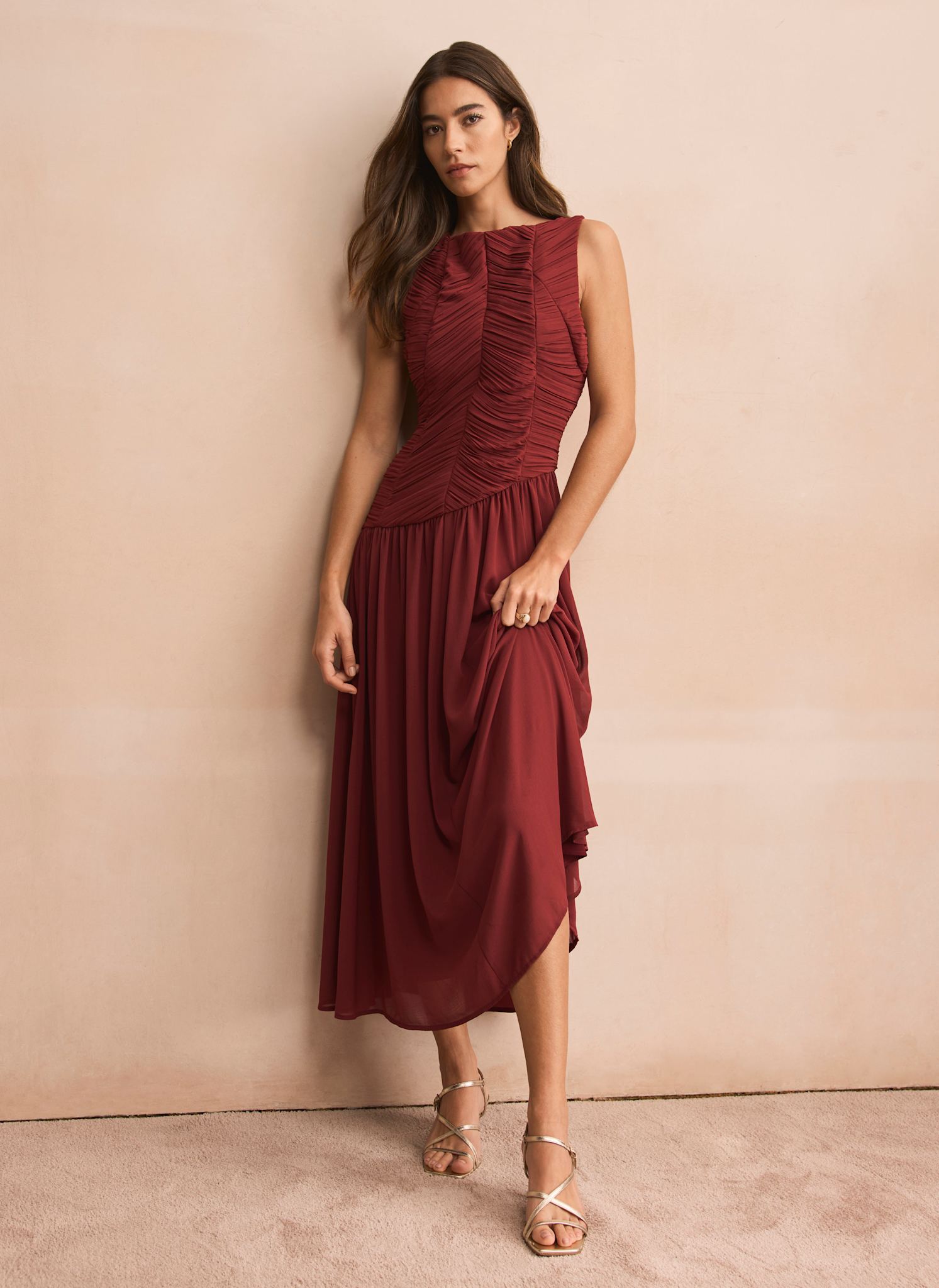 Burgundy Ruched Detail Maxi Dress
