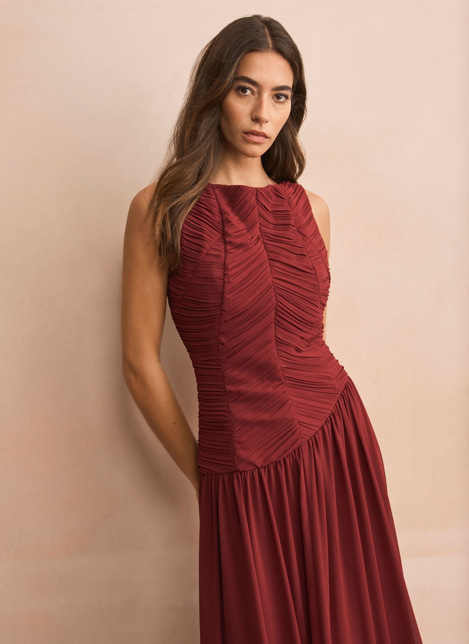 Burgundy Ruched Detail Maxi Dress