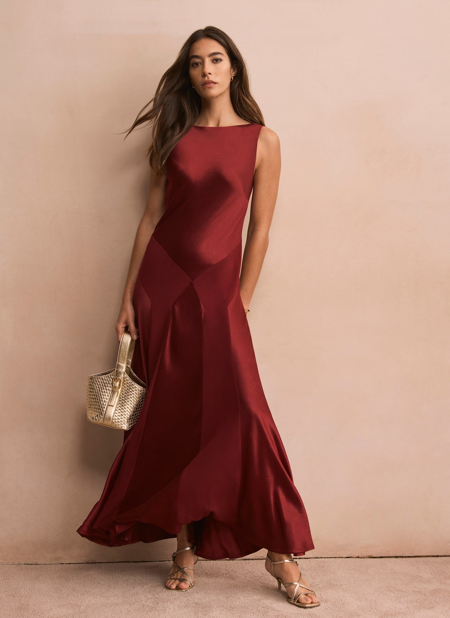 Burgundy Satin Panelled Maxi Dress