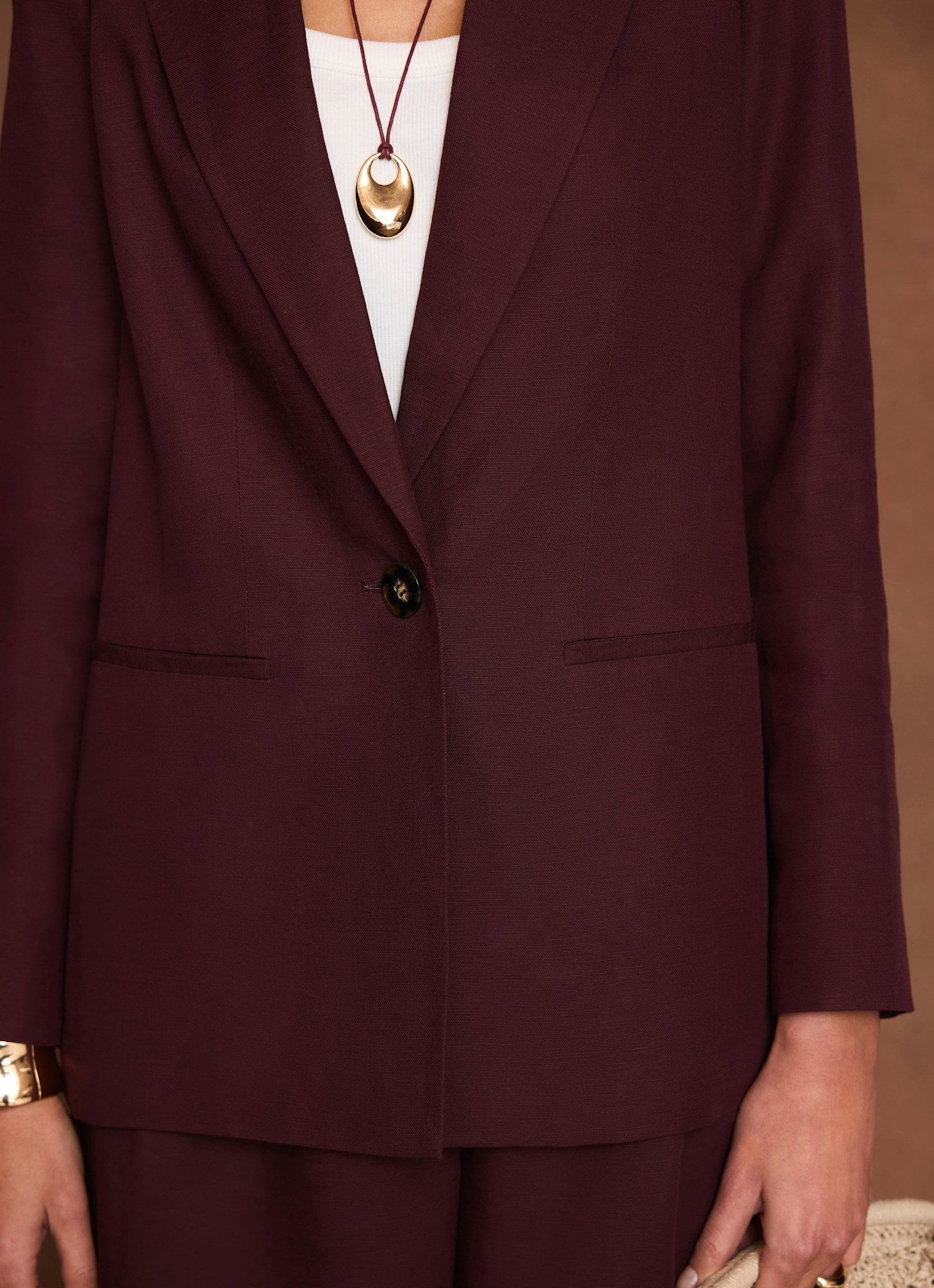 Burgundy Linen Blend Single Breasted Blazer