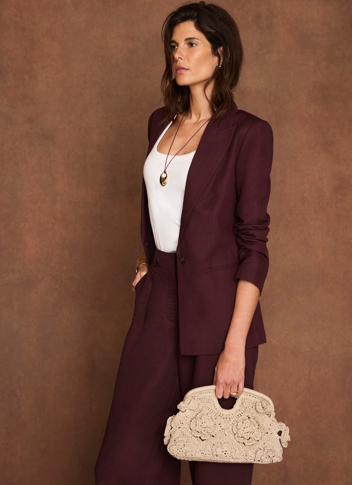 Burgundy Linen Blend Single Breasted Blazer