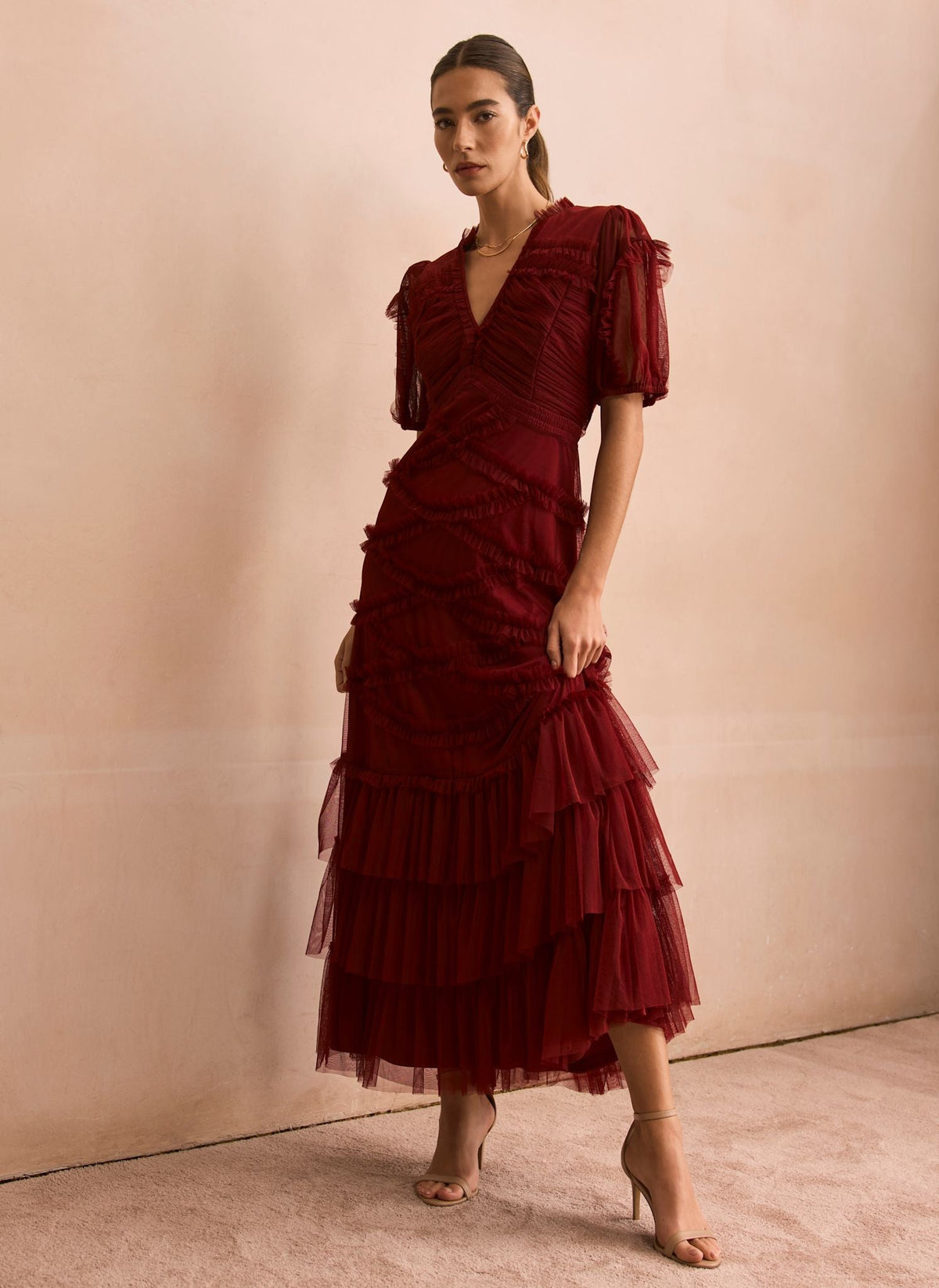 Burgundy Tulle Ruffle Maxi Dress