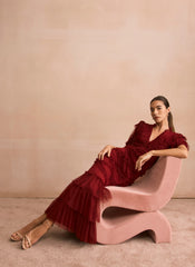 Burgundy Tulle Ruffle Maxi Dress