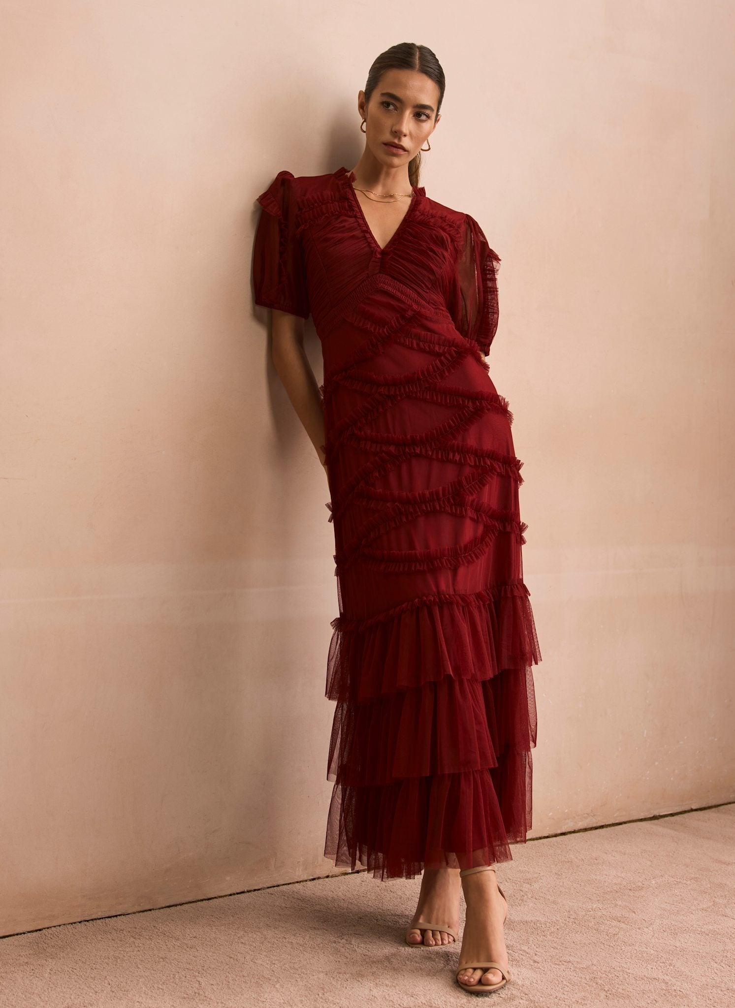 Burgundy Tulle Ruffle Maxi Dress