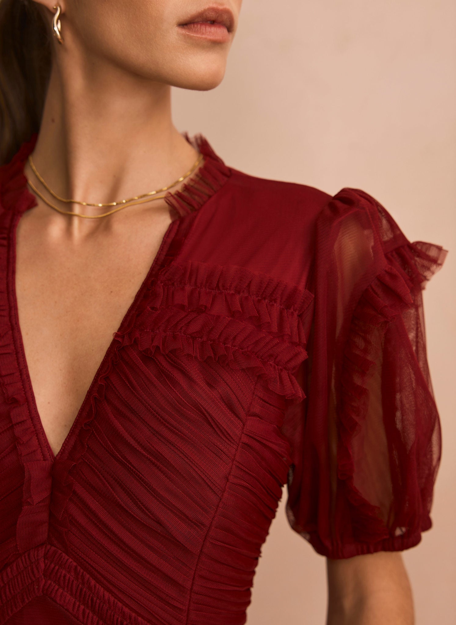 Burgundy Tulle Ruffle Maxi Dress