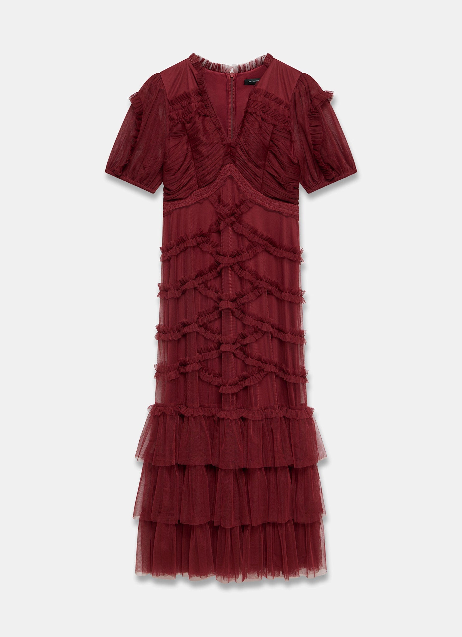 Burgundy Tulle Ruffle Maxi Dress