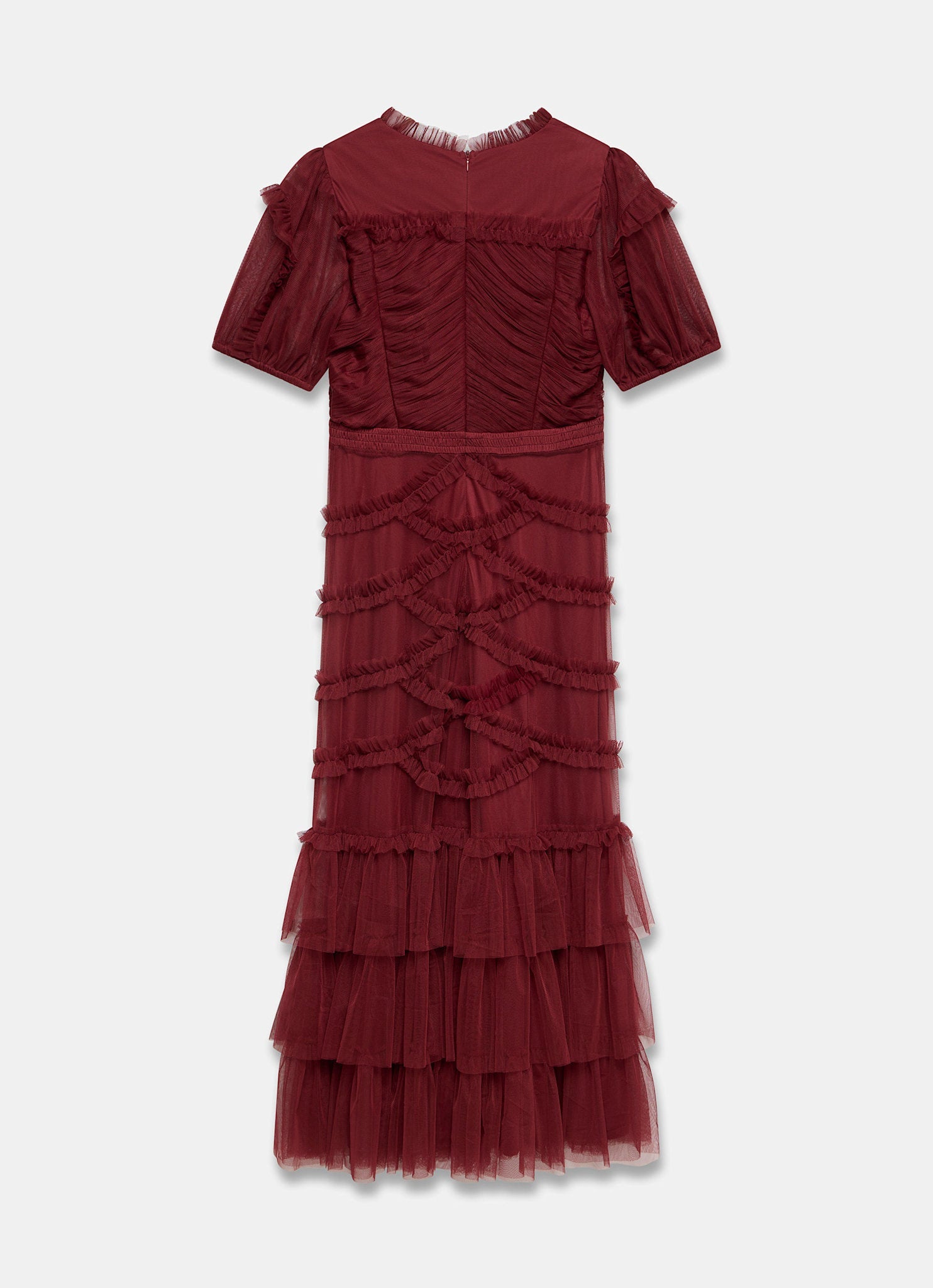 Burgundy Tulle Ruffle Maxi Dress