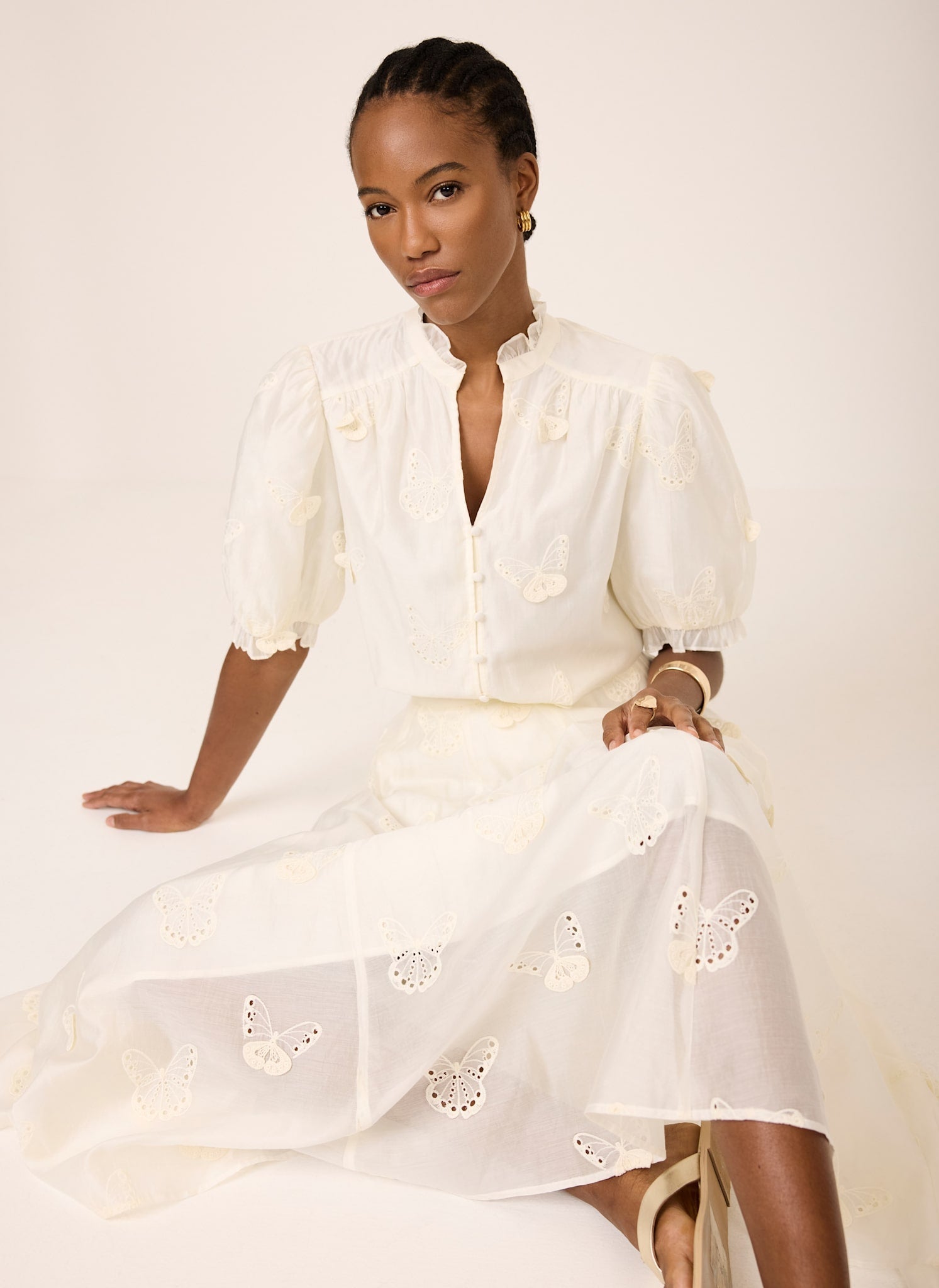 White Embroidered Butterfly Detail Midi Skirt