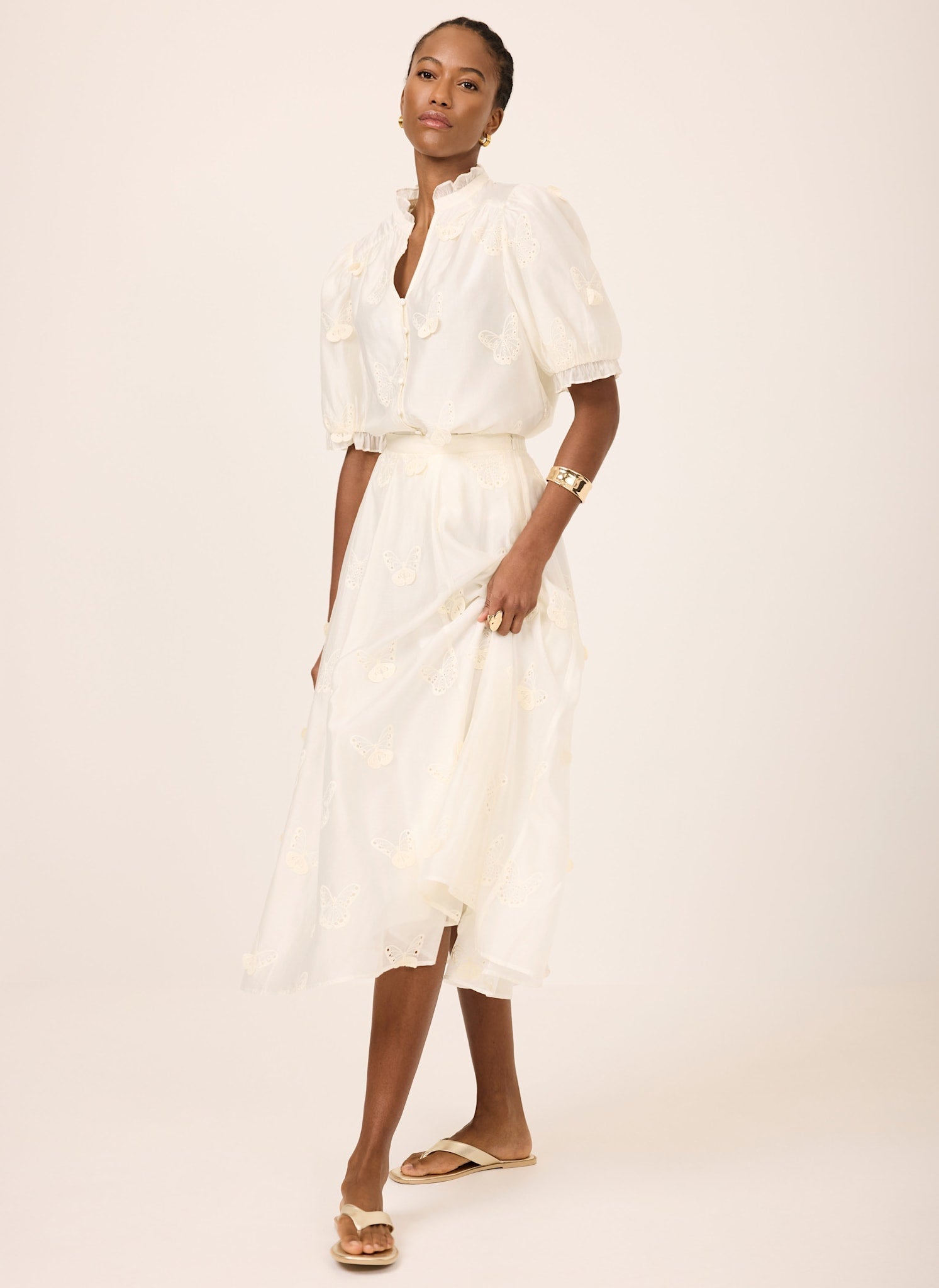White Embroidered Butterfly Detail Midi Skirt