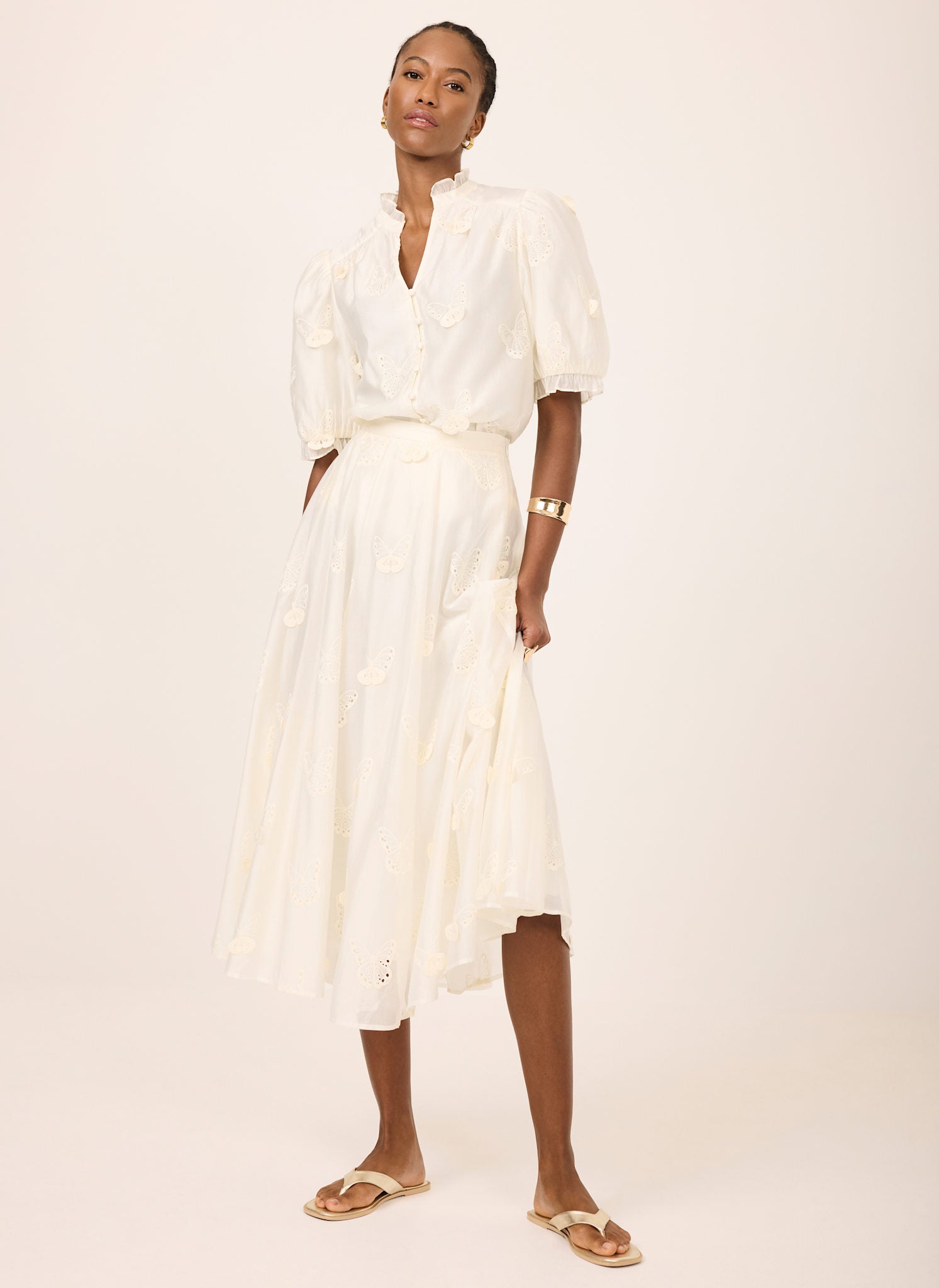 White Embroidered Butterfly Detail Midi Skirt