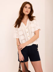 Navy Button Front Chino Shorts
