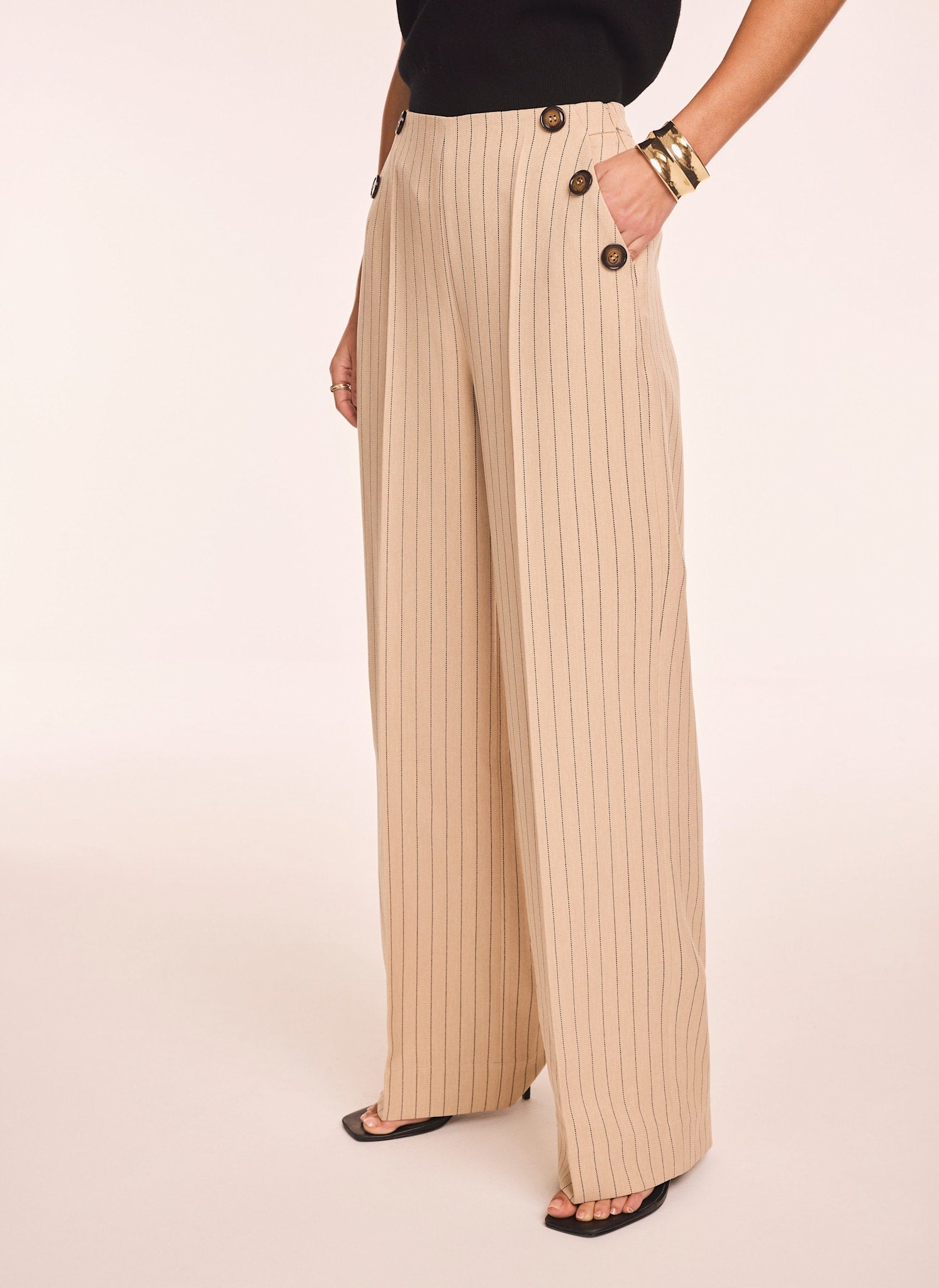 Neutral Button Front Pinstripe Trousers