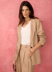 Neutral Linen Blend Single Breasted Blazer