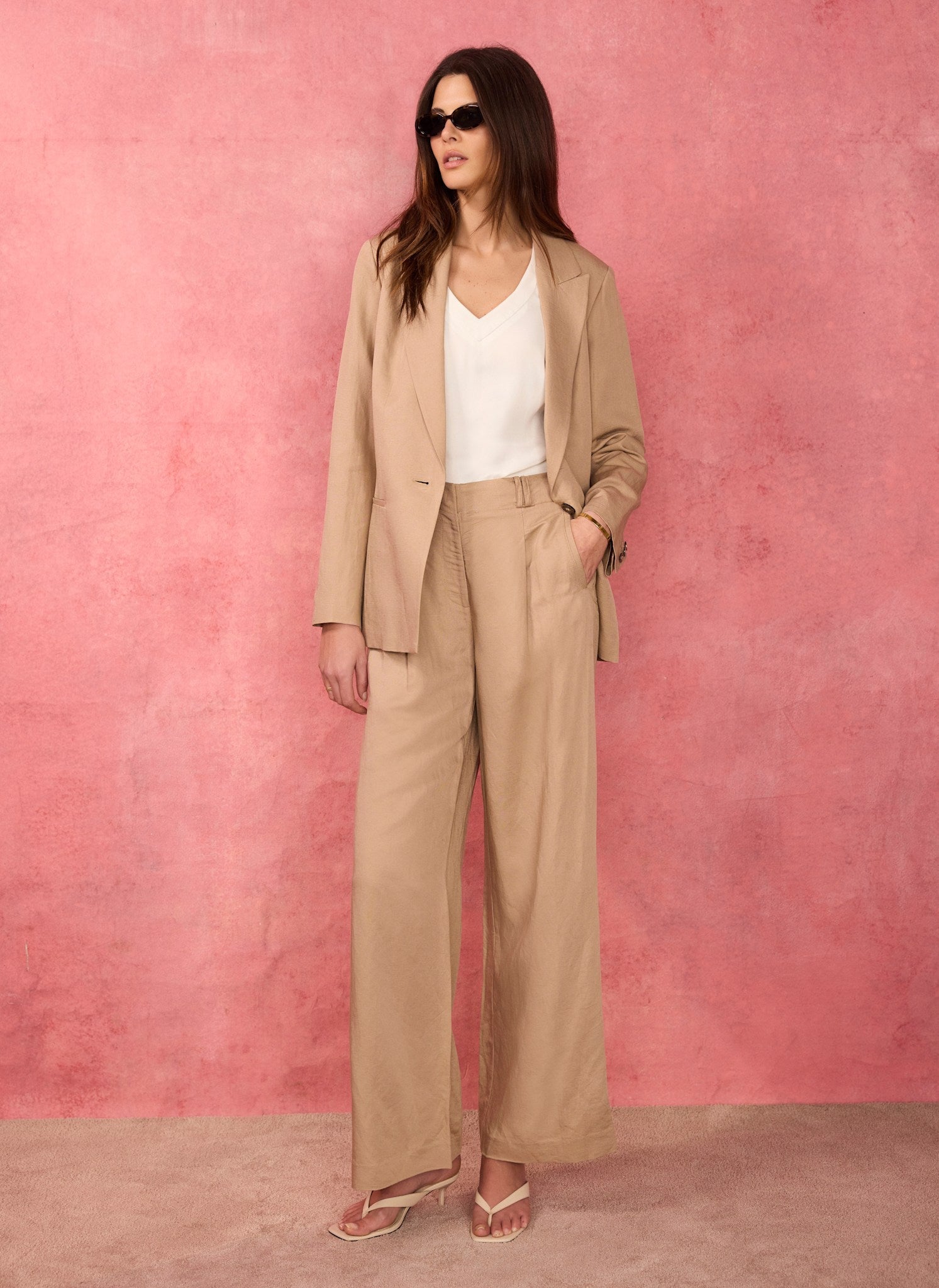 Neutral Linen Blend Single Breasted Blazer