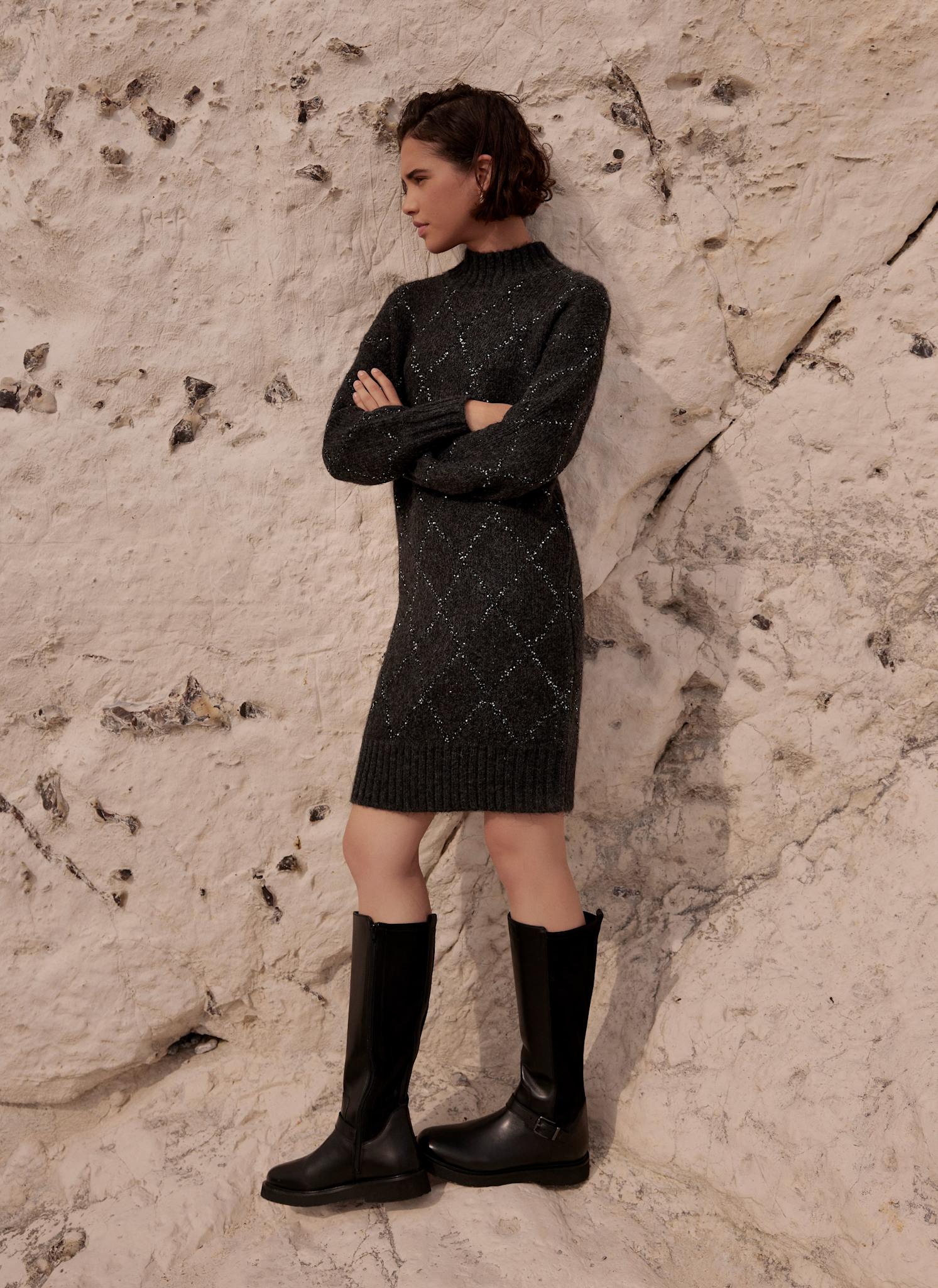 Grey Sequin Knit Mini Dress