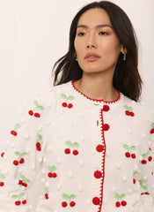 Cream Cherry Applique Knit Cardigan